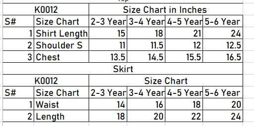 Product Size Chart