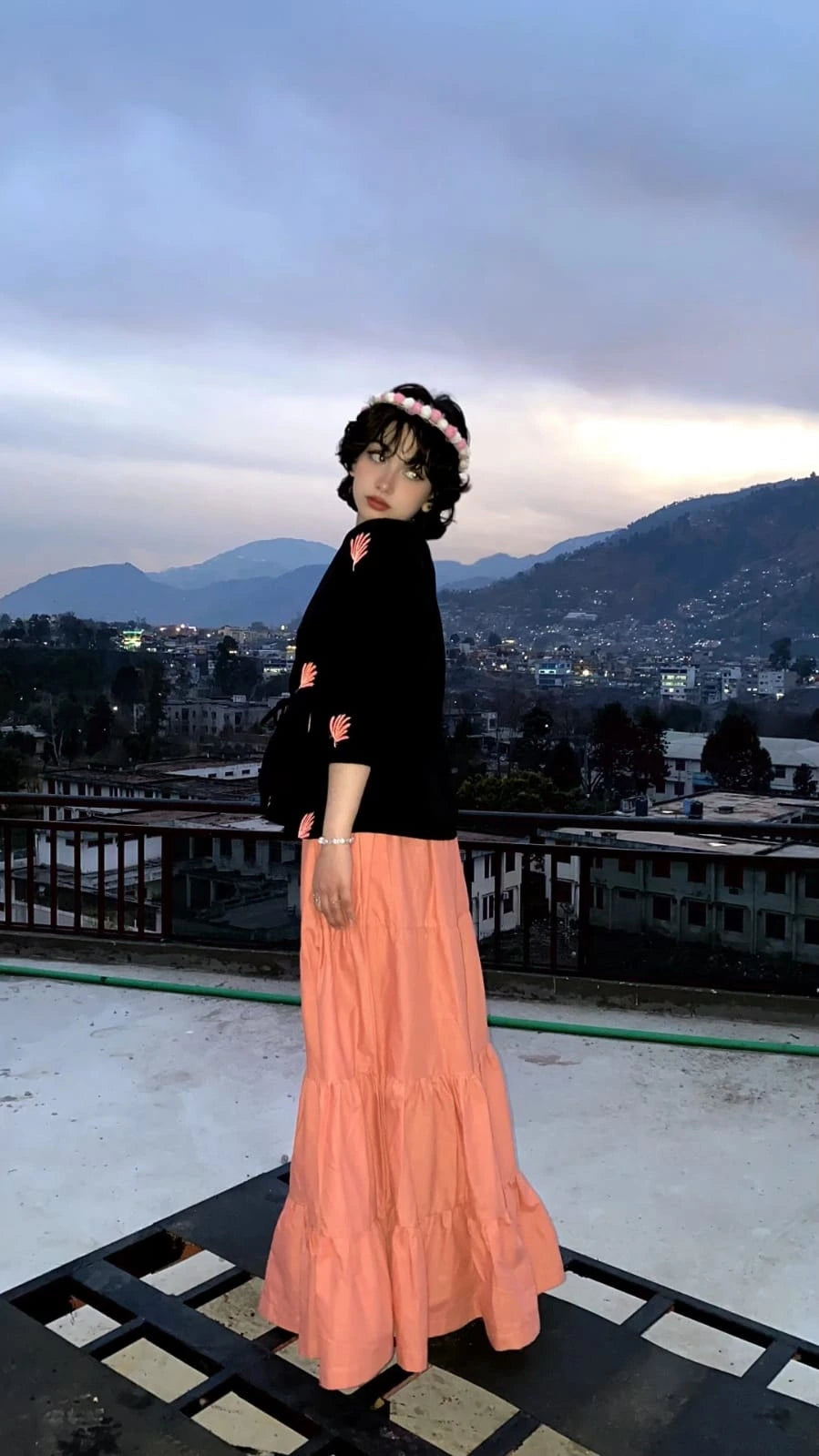 Peach cotton tiered long skirt styled with fusion shirts for women