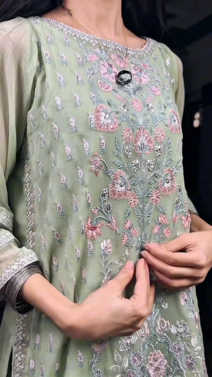 Embroidered Chiffon 2-Piece Suit | Chiffon Shirt & Viscose Trouser