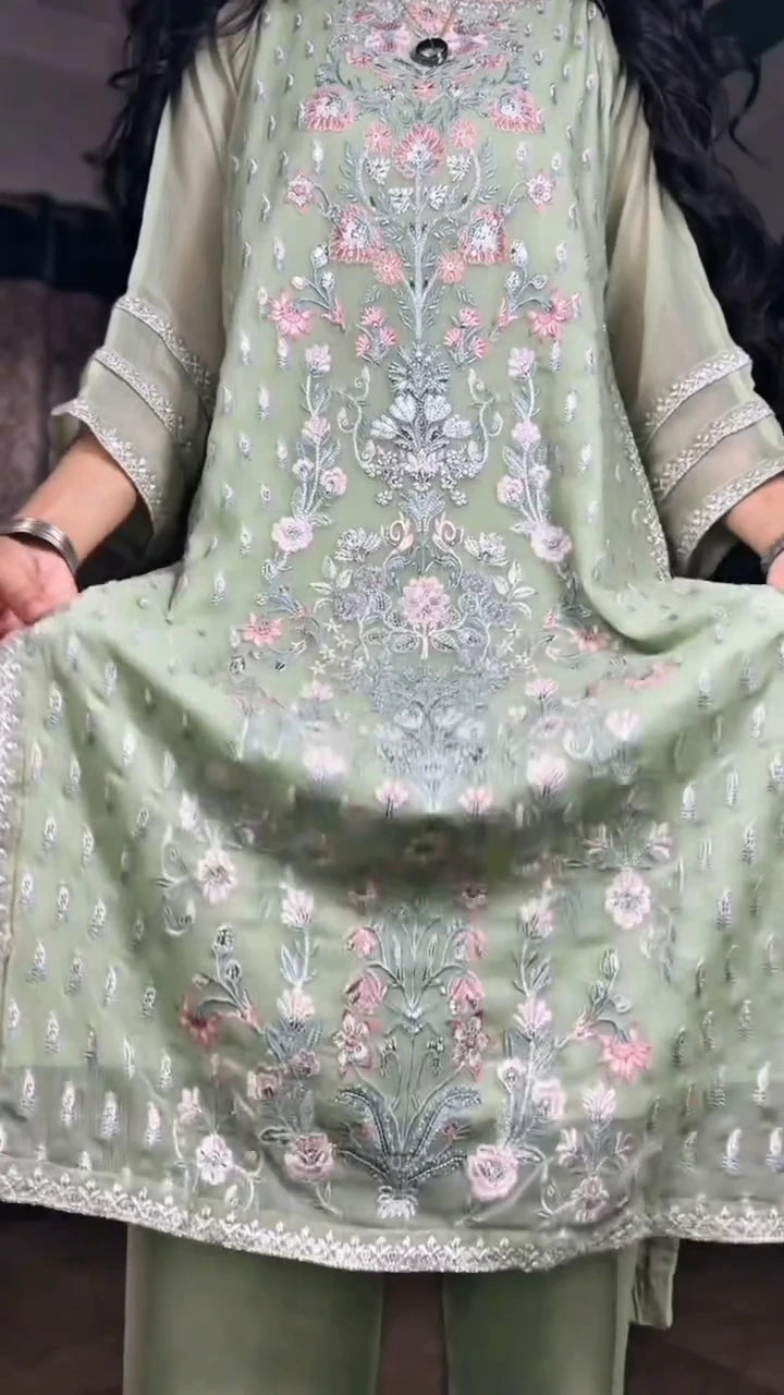 Embroidered Chiffon 2-Piece Suit | Chiffon Shirt & Viscose Trouser