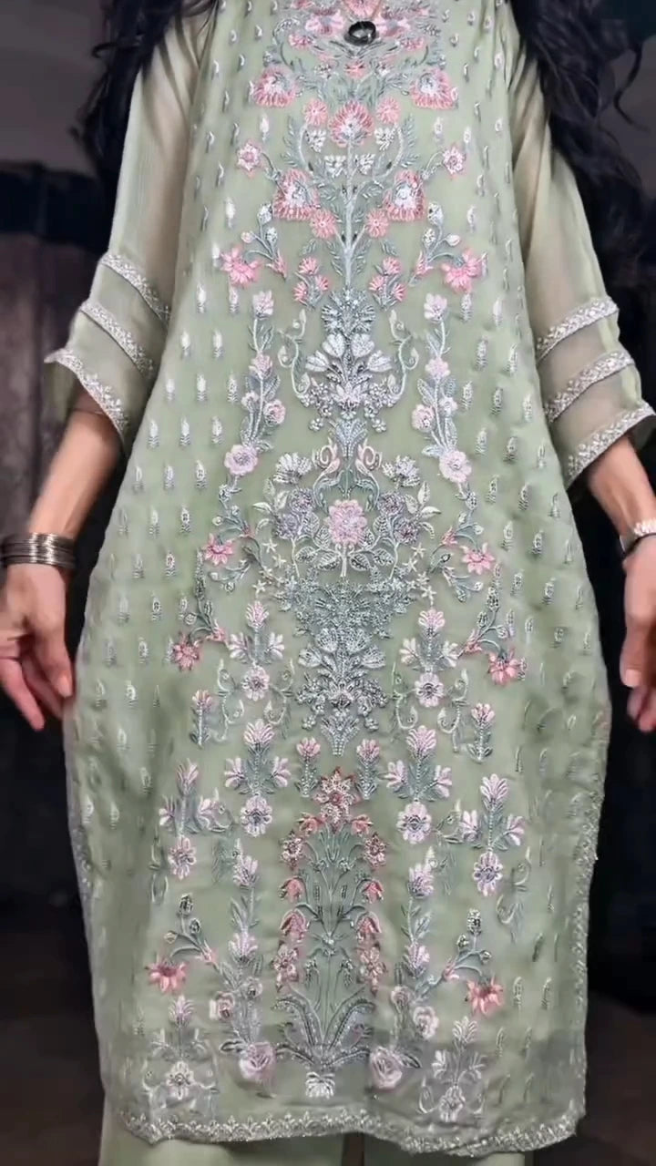 Embroidered Chiffon 2-Piece Suit | Chiffon Shirt & Viscose Trouser