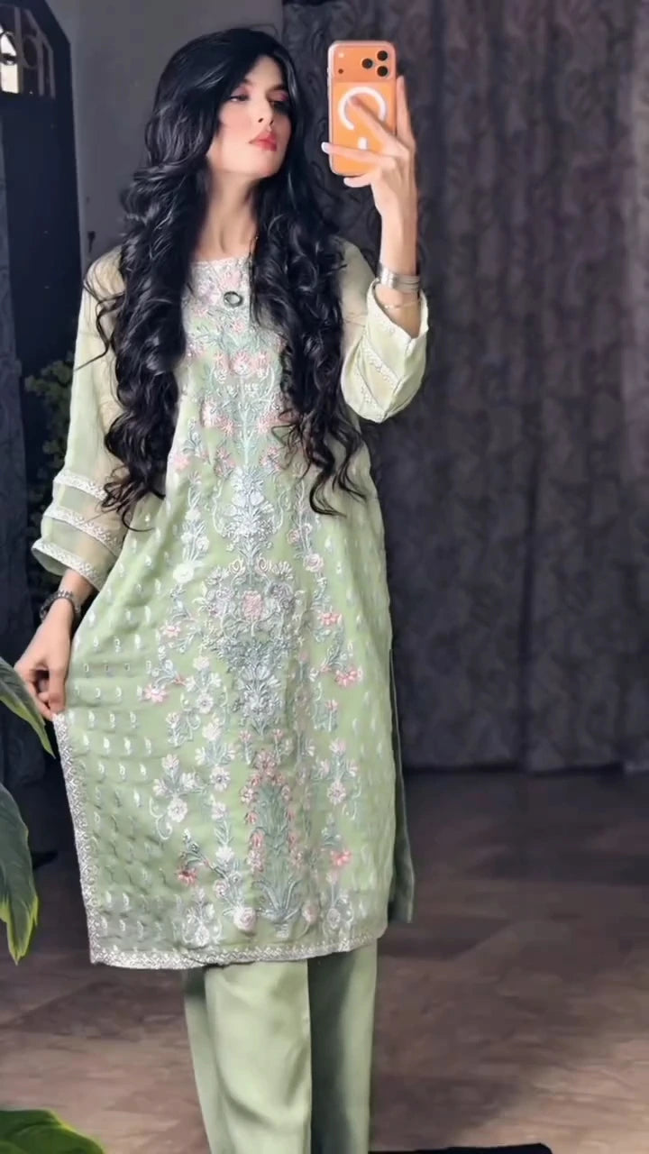 Embroidered Chiffon 2-Piece Suit | Chiffon Shirt & Viscose Trouser
