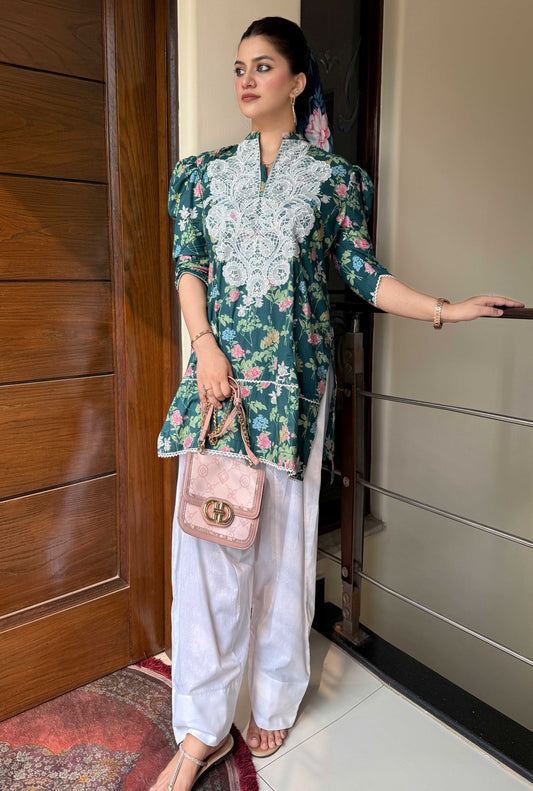 2 Piece Cotton Embroidred Co- Ord Set with Farshi Salwar