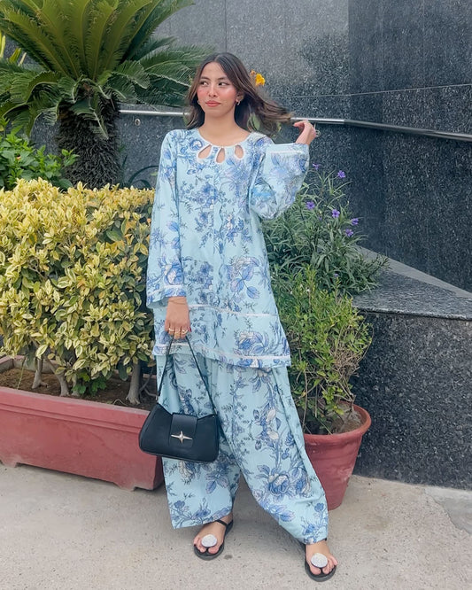 2 Piece Cotton Printed Co- Ord Set with Farshi Salwar