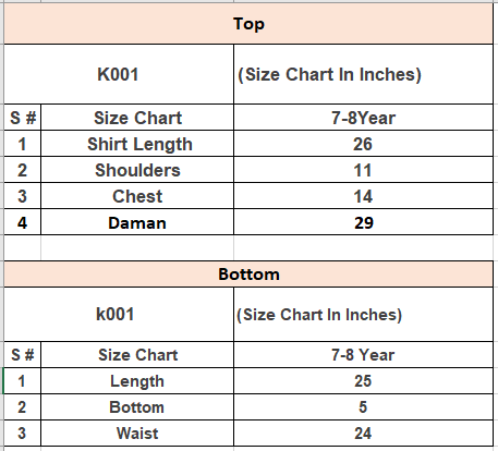 Product Size Chart