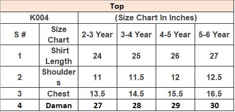 Product Size Chart