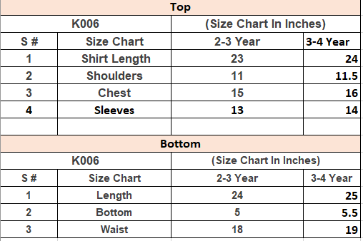 Product Size Chart