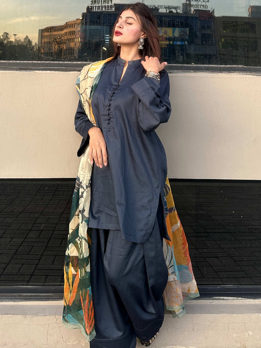 2 Piece Cotton Satin Co- Ord Set with Farshi Shalwar