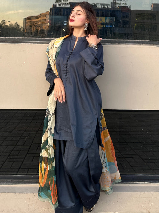 2 Piece Cotton Satin Co- Ord Set with Farshi Shalwar