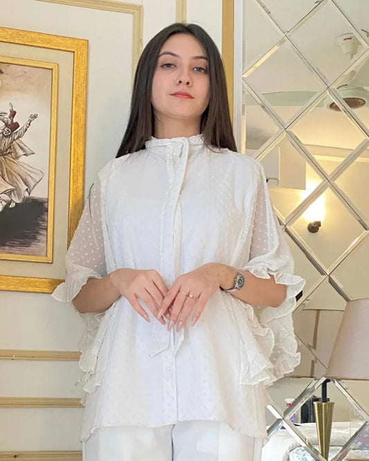 Elegant Cotton Ruffled Shirred Shirt 1 Piece