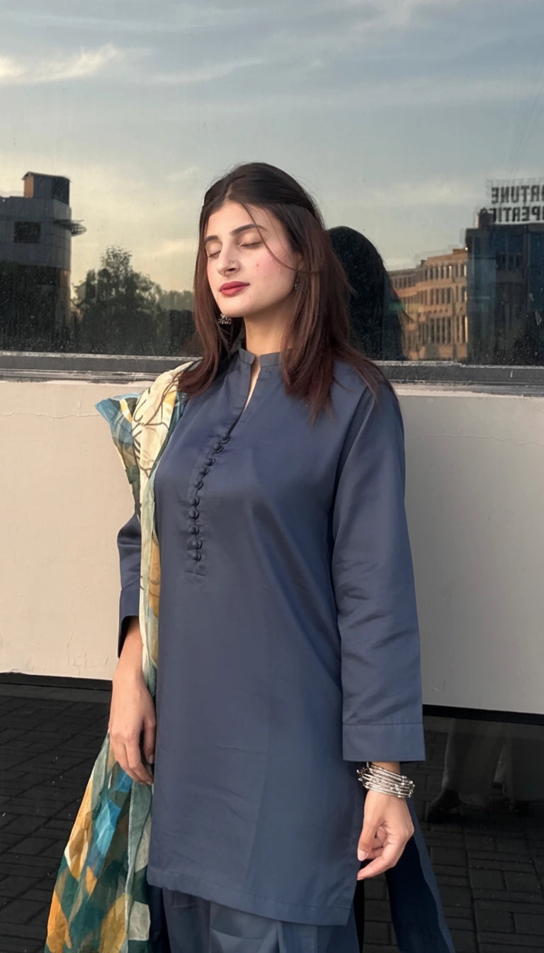 2 Piece Cotton Satin Co- Ord Set with Farshi Shalwar