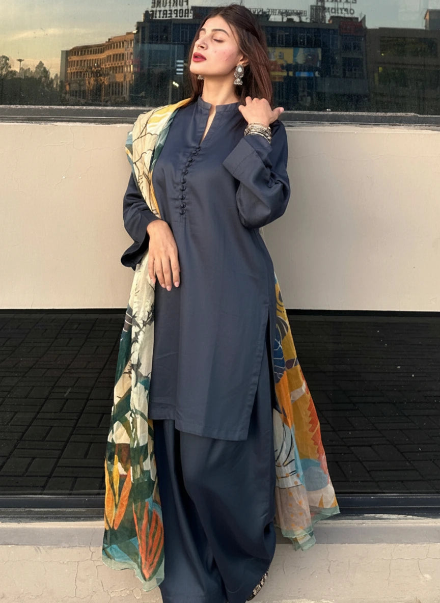 2 Piece Cotton Satin Co- Ord Set with Farshi Shalwar