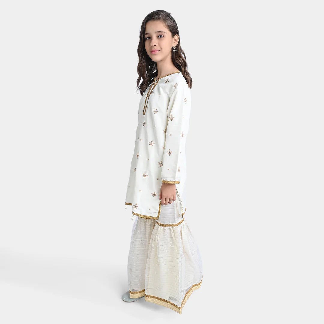 Girls Raw Silk 3Pcs Nikhaar-Ivory